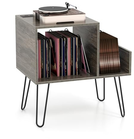 GOPLUS Soporte para Tocadiscos con Estación de Carga, Mueble para Tocadiscos con Separador Desmontable, Estante de Exhibición de Vinilos para Dormitorio, Sala de Estar, Oficina (Gris)