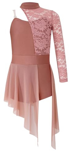 Runhomal Mädchen Spitze Tanzkleider Lyrical Ballettkleid Ballettkleidung Einteiler Turnanzug Gymnastik Jumpsuit Trikot Body mit Tutu Rock Tanzkleidung Altrosa A 146-152