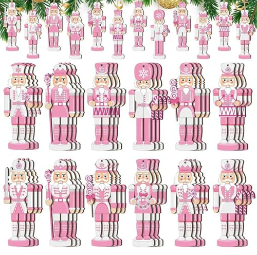 Cascanueces para decoración de árbol de Navidad | 36 Cascanueces Rosa Festivo | Adornos de Navidad de Madera, Adorno Decorativo de Navidad, de Madera, con Cuerda para Exteriores