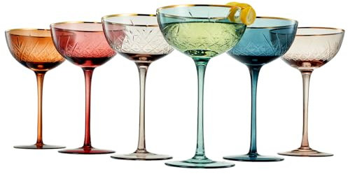 Vintage Art Deco Coupe for Champagne, Martini, Cocktails | Set of 6 | 7 oz Classic Cocktail Glassware - Manhattan, Cosmopolitan, Sidecar, Crystal Speakeasy Style Saucer Goblets with Stems (Muted)