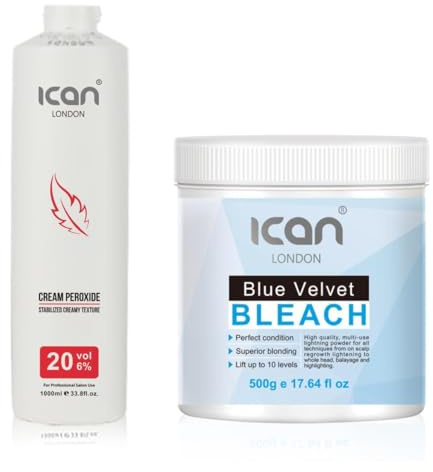 ICAN LONDON Professional Cream Peroxide 20 Vol 6%, 1000 ml + Velvet Blue Powder Bleach, 500 g Set