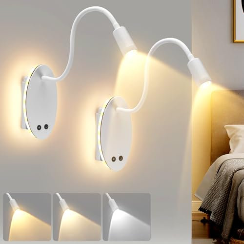 ALLOMN Luz de lectura de pared, paquete de 2 lámparas LED regulables de pared inalámbricas recargables con puerto de carga USB, cuello de cisne de 360°, aplique de pared LED para dormitorio, sala de
