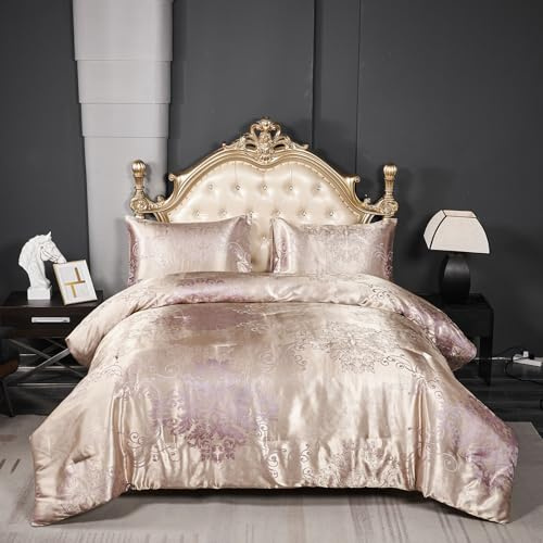 Herside Jacquard Duvet Cover Set Double 3pcs Champagne Gold Bedding Set Premium Polyester Quilt Cover Royal Damask Bed Cover Luxury Bedding Set with Vintage Paisley Pillowcases