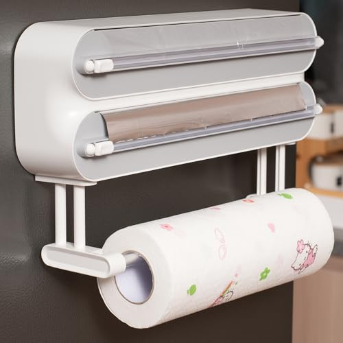 Küchenrollenhalter Magnetisch，3 in 1 Küchenrollenhalter ohne Bohren，Küchenrollenhalterung mit Cutter， Alufolienspender und Frischhalte，Wandrollenhalter Küche folienspender (Pessimistic)