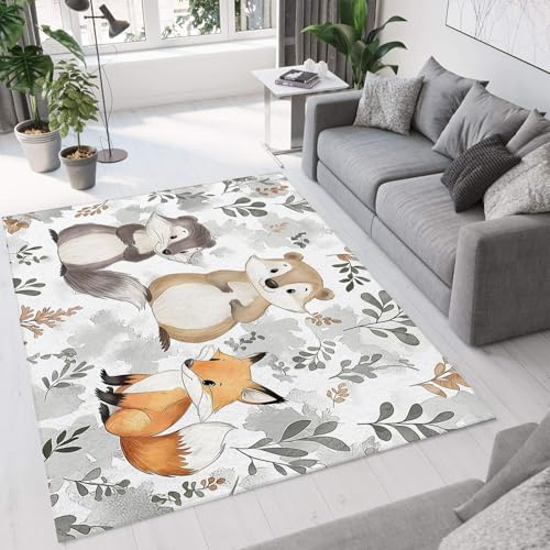 CEDNXOER Cartoon Wald Tiere Teppich Wohnzimmer 50x80cm, Kurzflor Weich rutschfest Waschbare Teppiche, Biber Dachs Fuchs Deko Teppich Größe Bettvorleger Schlafzimmer Kinderzimmer 50x80cm