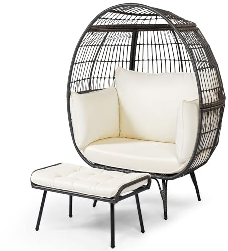 COSTWAY Standing Garden Egg Chair with Footstool, Oversized Rattan Lounge Chair and Ottoman Set with Thick Cushions, Metal Frame Indoor Outdoor Wicker Egg Basket Sofa Seat for Patio Balcony Porch