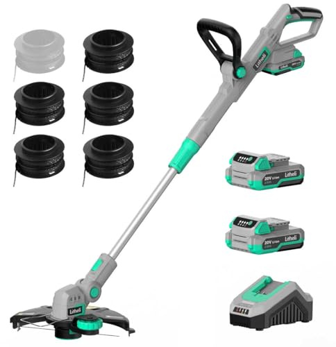Litheli 20V 12 Inch Cordless String Trimmer/Edger, 2 X 2.0Ah Battery Powered Weed Eater with Auto-Feed for Lawn Trimming/Edging, with 6 Pcs Grass Cutter Spool Line, Fast Charger Included.