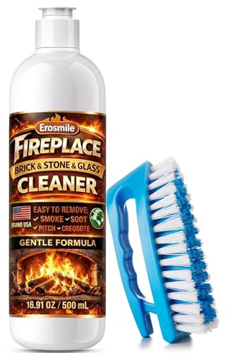 Fireplace Cleaning Set Fireplace Soot Remover with Scrub Brush for Brick, Stone, Rock, Tile, and Marble – Nonabrasive Brick Cleaner, Gentle Formula for Bricks & Glass Indoor and Outdoor -16 oz