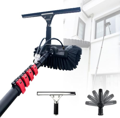 Fensterreiniger Teleskopstange Profi-Set Teleskop Waschbürste PV Reinigungsbürste Teleskop Set Rotierenden Sprühbürste mit Abzieher & Teleskopstange Für Terrasse Pool Fassade 3.6m/12FT