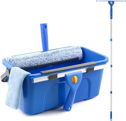 Window Cleaning Kit with Bucket 3 Gallon, 14 Window Squeegee and 15 Scrubber with 61 Long Handle, Professional Window Washing Equipment Cleaner Tool for Home Outdoor Commercial Use