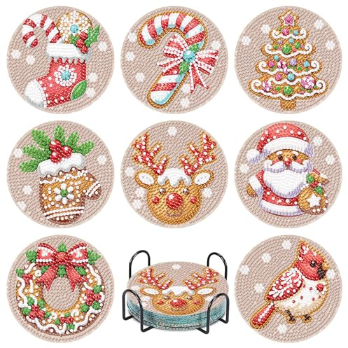 8 Piezas Posavasos de Arte de Diamante de Navidad con Soporte, Pintura de Diamantes Posavasos, Diamantes para Manualidades, Papá Noel, Alce, Pingüino, Muñeco de Nieve, para Tazas, Jarrones