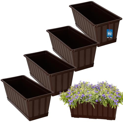 KOTARBAU® 4 pezzi Fioriera da Esterno - PVC - 40 x 18 x 14 cm - Marrone - Vaso Rettangolare con Sottovaso - Vasi Per Piante da Esterno - Fioriere da Balcone - Vaso Fiori