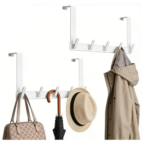 Elyyapt 2 PCS Over The Door Hook Heavy Duty Over Door Hanger Coat Rack Overs The Doors Towel Rack Storage for Bathroom Hanging Towels Clothes Hat Bags Robes, White, Each 5 Hooks