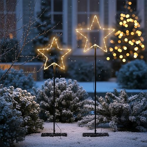 Leuchtstern Gartenstecker 2er Set kabelgebunden für Außen mit Timer - 125 + 90 cm - Metall Stern Silhouette schwarz beleuchtet mit 180 LED warm weiß - Weihnachten Garten Deko Beleuchtung