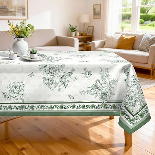 Arquiel Tovaglia Rettangolare Lavabile in Lavatrice 140x180 cm, Fiori di Campo Verde, Tessuto Impermeabile No Stiro Design Naturale per Cucina, Sala da Pranzo e Giardino
