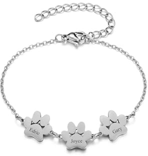 PiercingJak Personalisiertes Armband mit Pfotenabdruck Hunde Katzen Pfoten Anhänger mit Namen Gravur Memorial Haustier Gedenken Schmuck Individuelle Geschenke für Frauen Mann