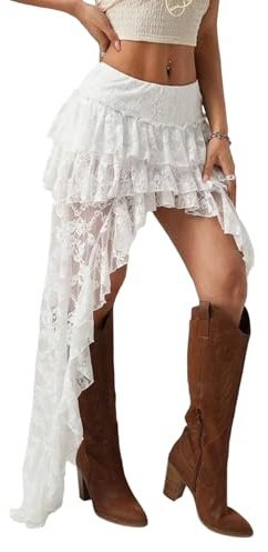 Générique Jupe Longue bohème asymétrique en Dentelle Florale à Volants Style Y2K Style Y2K Fluide et Transparente à Plusieurs Couches.