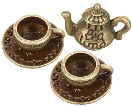 WHAMVOX Mini Juego de Té de Metal para Casa de Muñecas Incluye Tazas de Té Pequeñas Tetera de Metal Miniatura para Escenas de Microdiorama