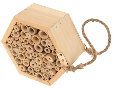 SHINEOFI Casa de Insectos de Madera Hexagonal para Jardín Exterior Beige Fuente de Alimento Amplia y Lugar Cómodo para Descansar