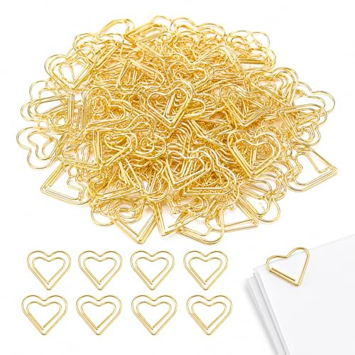100 Stück goldene Herz-Büroklammern für Karten und Hochzeit | Dekorative Metallklammern für Postkarten, Einladungen, Fotos und Papier; geeignet für Büro und Feierlichkeiten.