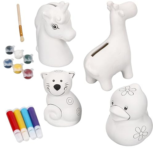 MamboCat 4er Set Spardosen Set für Mädchen I Ente, Einhorn, Giraffe & Katze I Keramik-Spardosen zum Bemalen I mit Pinsel, Acrylfarben & Filzstiften I ab 3 Jahren I Kindergeburtstag