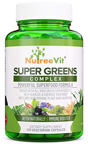 NutreeVit SuperGreens - Spirulina, Chlorella, Wheatgrass + More - Nutrient-Packed Green Blend (90 Capsules)