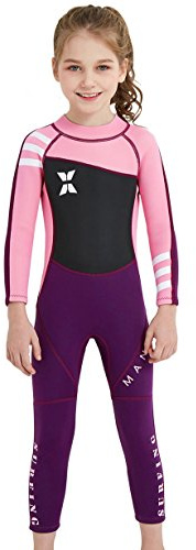 Combinaison de Plongée Fille Enfant Néoprène 2.5MM Manches Longues pour Plongée Natation Activités Aquatiques Age 3-4 Ans Noir et Rose