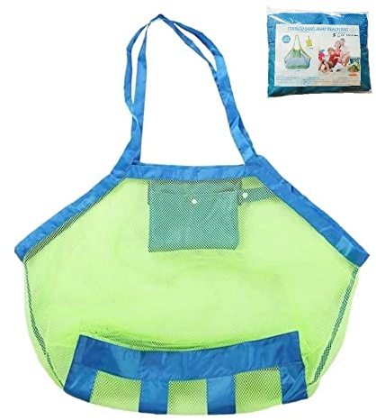 COOLGOEU Strandtasche Strandspielzeug Tasche XXL Groß für Sandspielzeug Wasserspielzeug für Kinder Aufräumsack Spielsack Badetasche Beachbag Faltbar für Familie Urlaub (Grün Mesh/Blau Strap)
