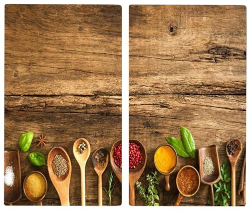GEEZY Set of 2 Glass Chopping Boards - Spices Design - Non-Slip Feet, Compatible with All Hob Types, Heat Resistant, Dishwasher Safe – Hob Covers, Glass Worktop Savers for Kitchen