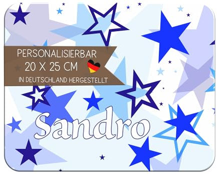 CreaDesign, Frühstücksbrettchen Kinder mit Namen personalisiert, Brettchen Kinder Kunststoff Sterne Blau, Antirutsch-Noppen, Größe 20 x 25 cm