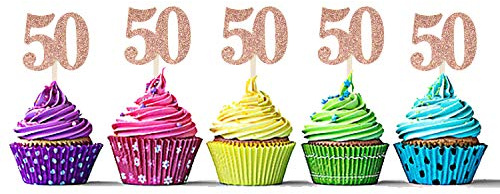 Sumerk 36PCS Rose Gold Glitter 50 Cupcake Toppers 50th Birthday Cupcake Picks Anniversary Birthday Party Decoration Supplies