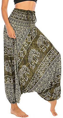 Nuofengkudu Mujer Harem Pantalones Jumpsuit Boho Cintura Alta Verano Playa(S-Elefante Verde Oscuro)