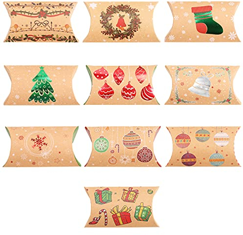 Belle Vous Kissenschachteln Adventskalender (50 Stk) - 10 Kraftpapier Geschenkboxen Weihnachten Muster - 11 x 7 cm - Adventskalender zum Selber Befüllen, Gastgeschenk-, Schmuck- & Pralinenschachteln