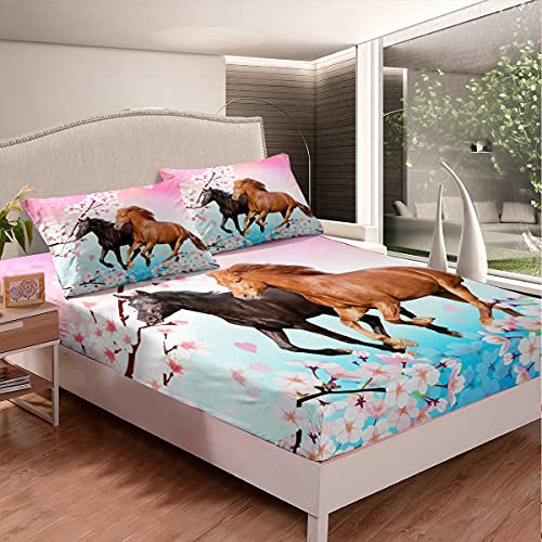 Kids Horse Bedding Set Chic Cherry Blossom Bed Sheet Set for Girls Teens Galloping Horse Printed Fitted Sheet 3D Wild Animal Bed Cover Bedroom Decor 3Pcs Full Size