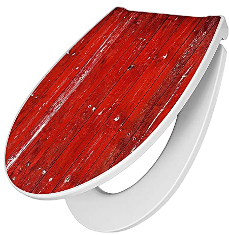 banjado Premium Toilettendeckel mit Absenkautomatik 45x38,4cm / WC Brille Soft Close/hygienischer Toilettendeckel/Klodeckel Duroplast mit Edelstahl Scharnier/Motiv Rote Holzlatten