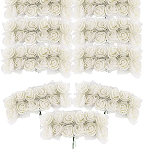BETESSIN 144 STK. Künstliche Rosen Mini Schaumrosen mit Tüll Weiß Deko Blumen Schaum mit Stiel 2cm Kunstrosen Köpfe DIY Rosenköpfe Künstlich zum Basteln Party Hochzeit Brautstrauß Geschenk