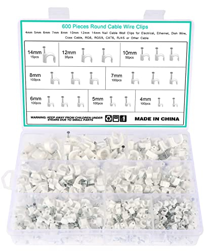 Fippy 600 Stücke Nagelschellen Kabelschellen 4mm 5mm 6mm 7mm 8mm 10mm 12mm Schwarz Weiß Kabel Nagel Befestigung Nagel für Netzwerkkabel mit Tragbarer Box,Weiß