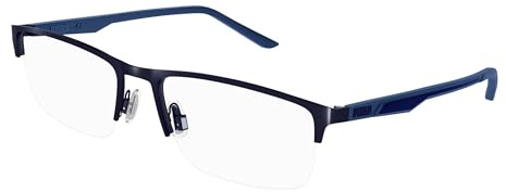 Puma Brille mit Sehstärke für Herren optional mit Sonnenbrillentönung oder Blaulichtfilter, Rechteckig, gefertigt aus Metall, Modell: PU0373O-002 (inklusive Brillenetui)