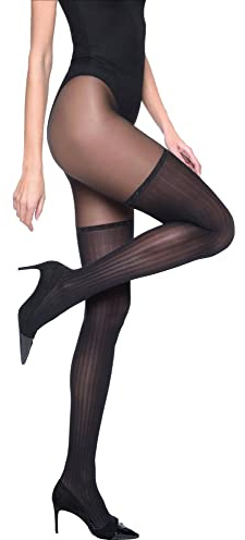 Conte Fantasy Opaque Pantyhose with Overknees Imitation and Light Vertical Stripes Pattern, Glam 30 Den, Black (Nero), Small