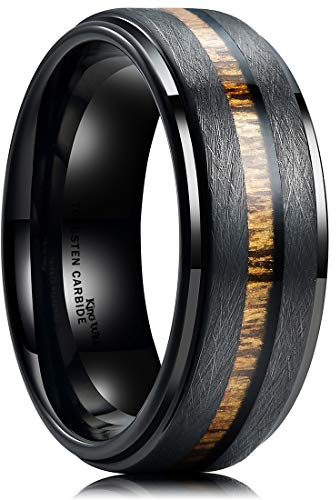 King Will Nature 8mm Black/Silver Tungsten Carbide Wedding Band Real Wood Inlay Matte Brushed Finish