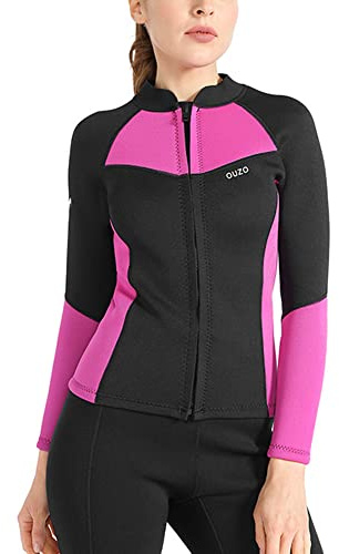 REIRQIE Wetsuit Top for Men/Women,1.5MM/3MM Neoprene Wetsuits Jacket Keep Warm Front Zipper Long Sleeves Diving Suit for Scuba Diving Surfing Snorkeling Swimming,1.5mm Women Pink,S