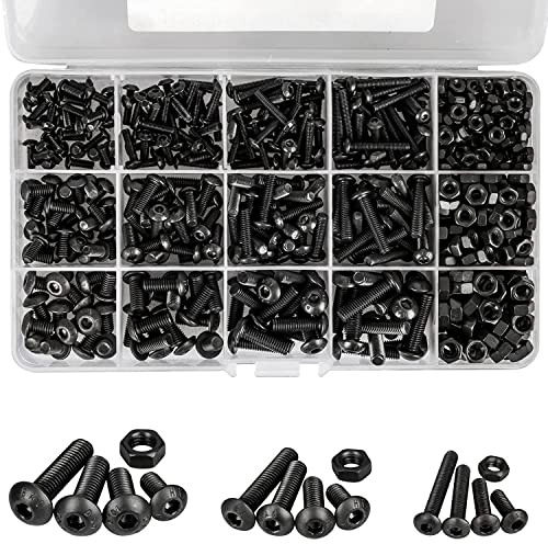 KAHEIGN 500 Pièces Écrous et Boulons à Six Pans Creux, Tête de Bouton M3 M4 M5 Vis Mécaniques à Six Pans Creux Acier Allié Tête Panoramique Kit de Boulons et écrous à Six Pans Creux Noirs avec Boîte