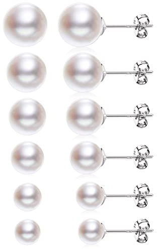 ALEXCRAFT 6 Paar Perlenohrringe Silber 925 Set Ohrringe Perlen Stecker Ohrringe Set Ohrstecker Silber 925 für Damen Mädchen(5/6/7/8/9/10 mm)