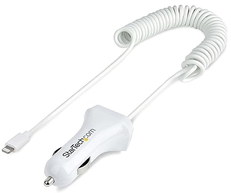 StarTech.com Caricatore da auto USB con cavo Lightening a spirale integrato 1m; Adattatore accendisigari a 2 porte USB per Cellulari/Tablet/iPhone; Carica Batterie per auto 12W, Bianco (USBLT2PCARW2)