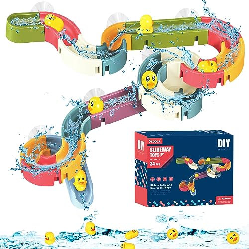 Bath Toys for 4 5 6 Year Old Boys Girls Kids Toddler Bath Duck Slide Track Toy with Suction Cups 34pcs Sensory Bathtub Game Shower Water Slide Play Wall Bath Time Wind up Bath Toys for Kids