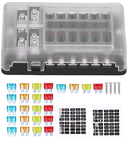 Block Blade Box Holder 12-Way Waterproof Block with LED Display for Car, Boat, RV, Vehicle Electrical System