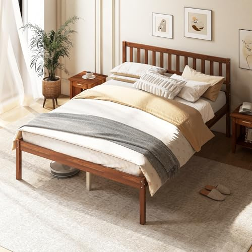 Giantex Wood Full Size Bed Frame with Headboard, Mid Century Solid Wood Bed with Slat Support, No Box Spring Needed, Double Bed Frame with 16 Under Bed Storage, Walnut