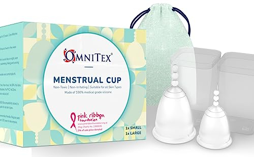 2pk Omnitex Menstrual Cups for Breast Cancer | 100% Pure Medical Grade Silicone | Safe Eco-Friendly Tampon & Pad Alternative | Non-Toxic ISO10993 Tested | BPA & Latex-Free, Mix Pack Small & Large Cup