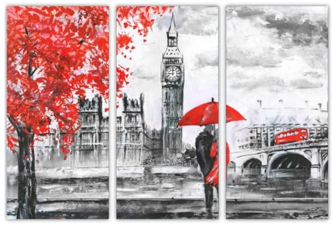 AREDE 3er Set Wandkunst Gemälde Bild Poster Paar mit Regenschirm in London | 90 x 60 cm | Wandbilder Wanddekoration Home Office Wohnzimmer Schlafzimmer Dekoration | Fertig zum Aufhängen
