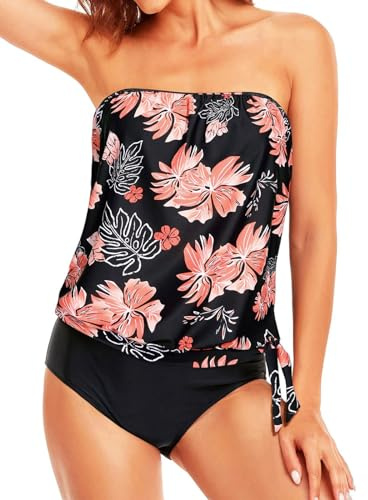 Yutdeng Set di Costume da Bagno Donna 2 Pezzi Tankini Beachwear Costumi Mare Larghi con Slip Swimsuit Spallacci Rimovibili e Regolabili Estivi Spiaggia Piscina,Rosa,S